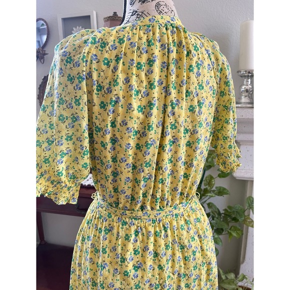 Talbots Dress Size S Yellow Smocked Voile Floral Fit & Flare Belted‎ Romantic - Picture 7 of 15